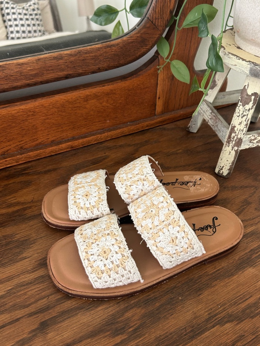 Free People Crochet Double-Strap Slide Sandals in Cream and Tan